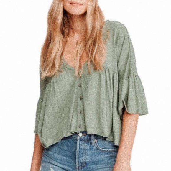 Free People Moss Green Vintage Wash Half Sleeve Babydoll Top - Picture 5 of 7